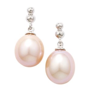 White gold pink pearl bead drop earrings