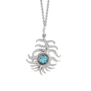 9ct white gold and zircon blue peacock pendant