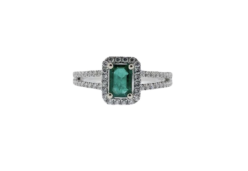 18ct white gold emerald & diamond halo ring